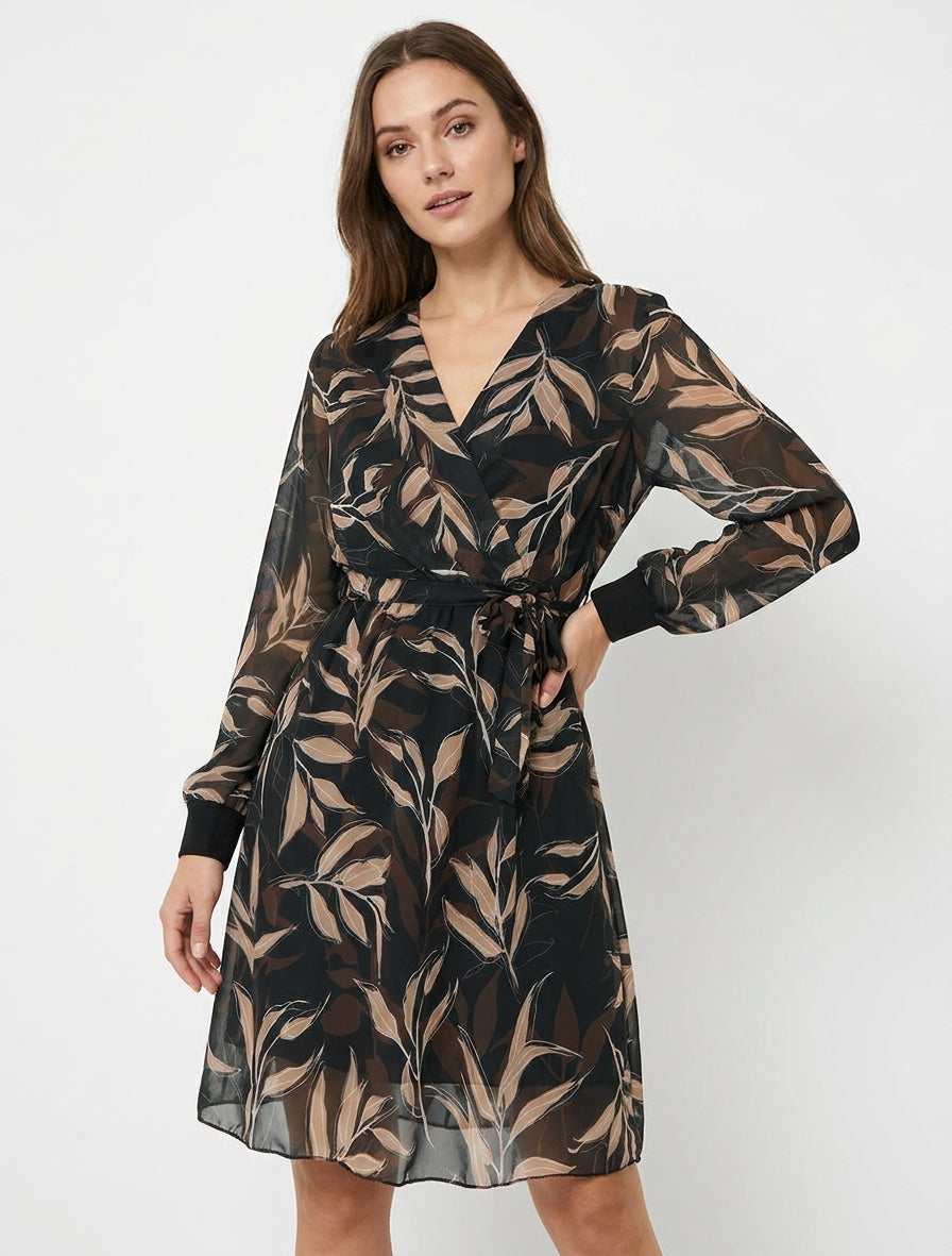 Gerades Kleid mit Blätterdruck - Schwarz