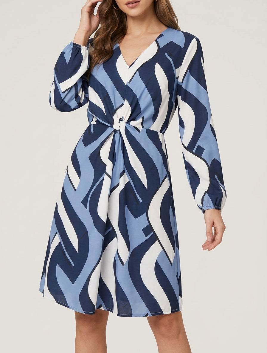 Langärmliges Kleid mit grafischem Druck - Marine