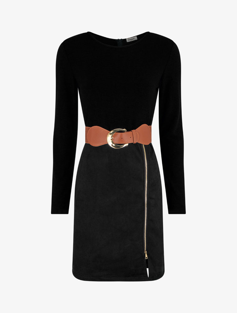 Robe droite en maille et suédine à manches longues et zip - Noir - 1