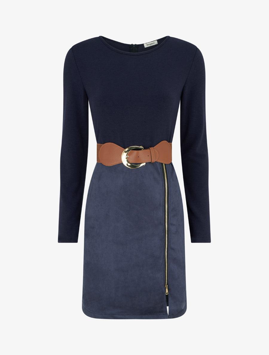 Robe droite en maille et suédine à manches longues et zip - Marine - 1