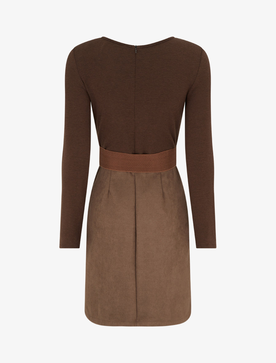 Robe droite en maille et suédine à manches longues et zip - Marron - 2