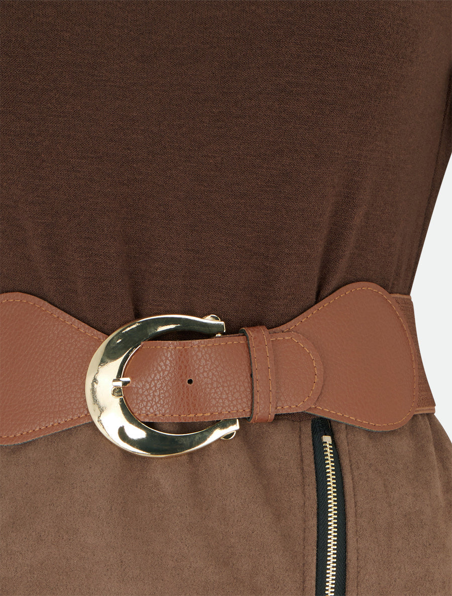 Robe droite en maille et suédine à manches longues et zip - Marron - 3