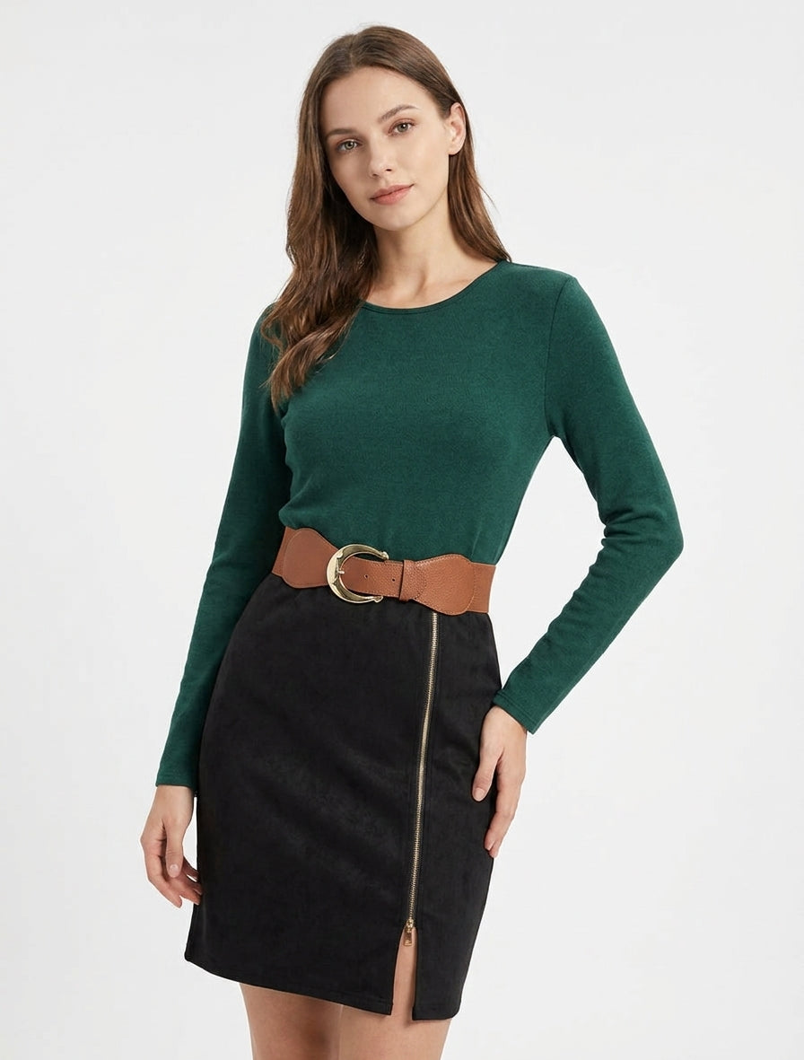 Gerades Kleid aus Strick und Wildleder mit langen Ärmeln und Reißverschluss - Dunkelgrün