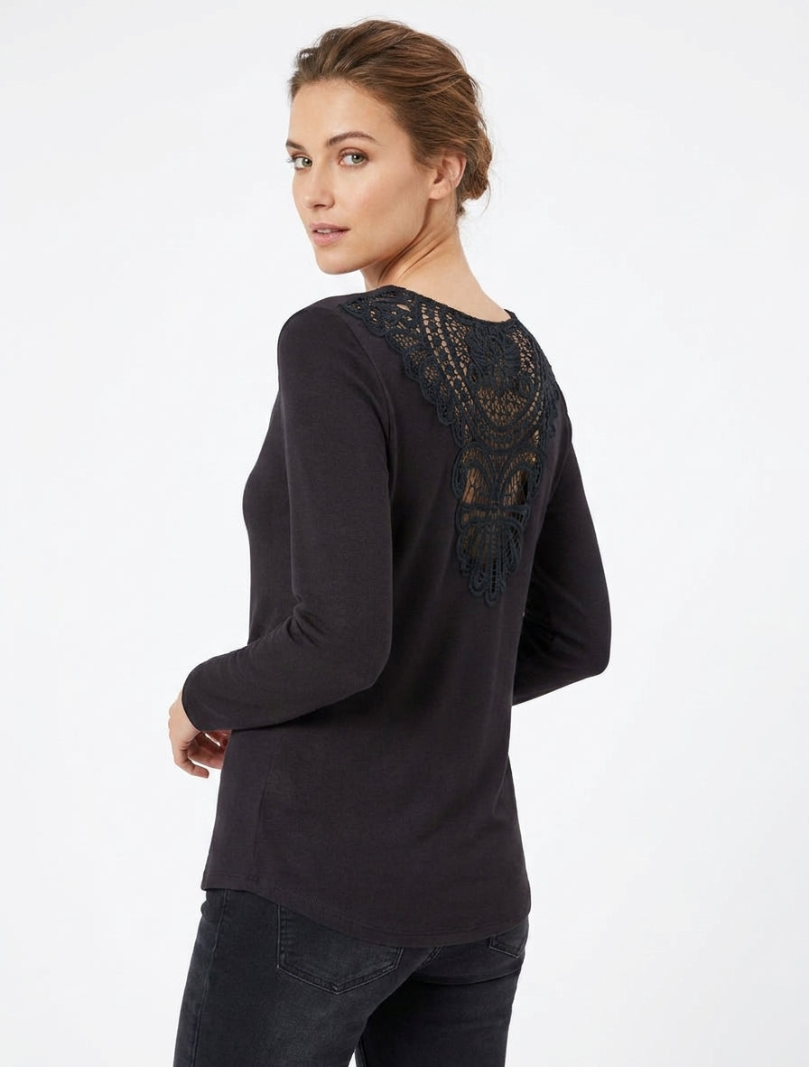 Feiner einfarbiger Pullover mit besticktem Rücken. - Schwarz