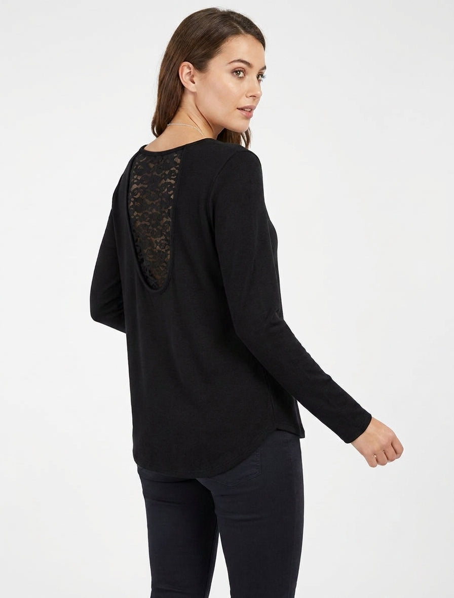 Gerade geschnittener Pullover mit Spitzenrücken - Schwarz