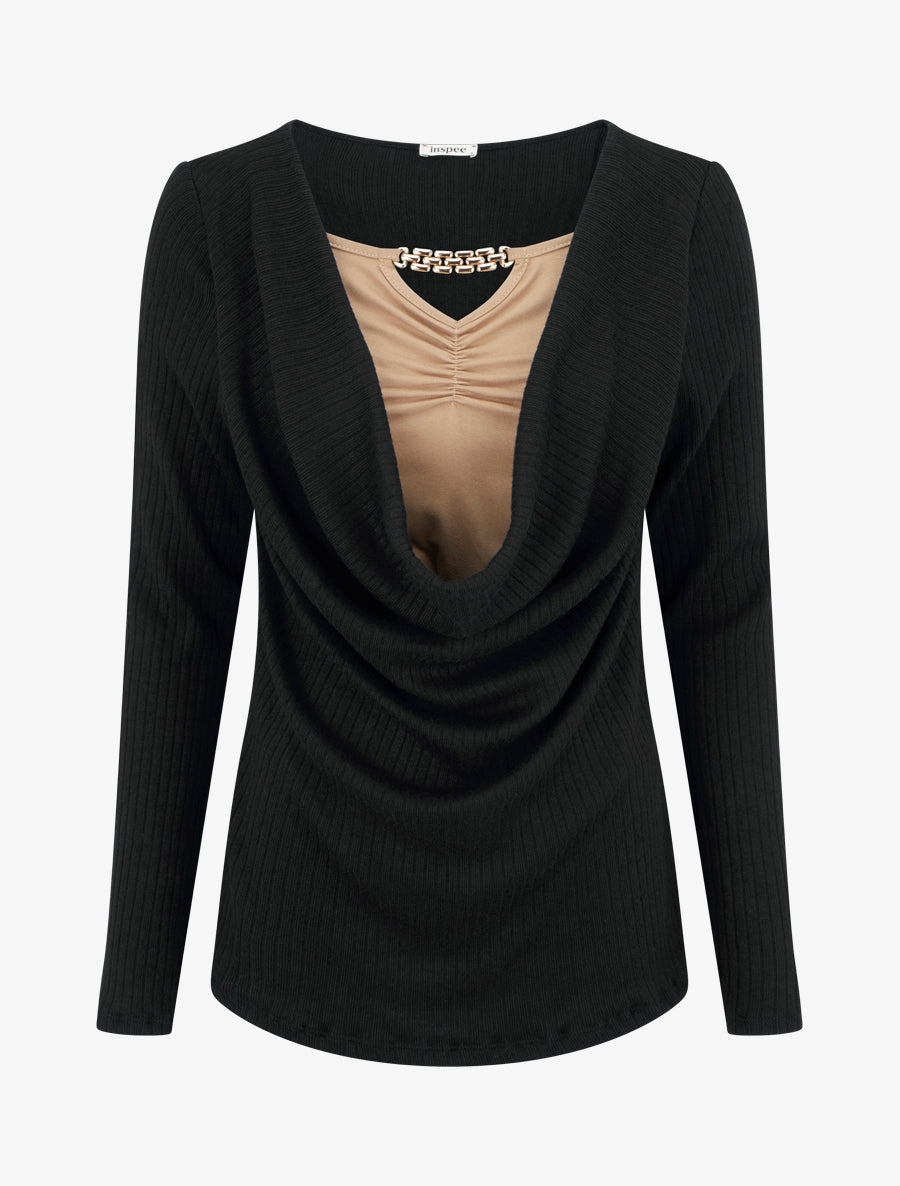 Pull côtelé à col bénitier et bijou - Noir - 1
