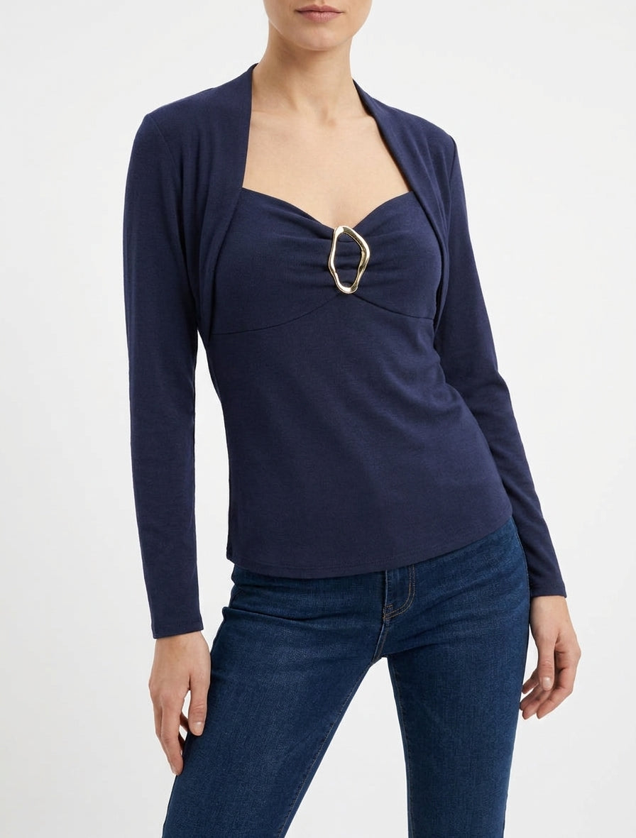 Quadratischer Ausschnitt Pullover mit Drapierung und Schmuckeffekt - Marine