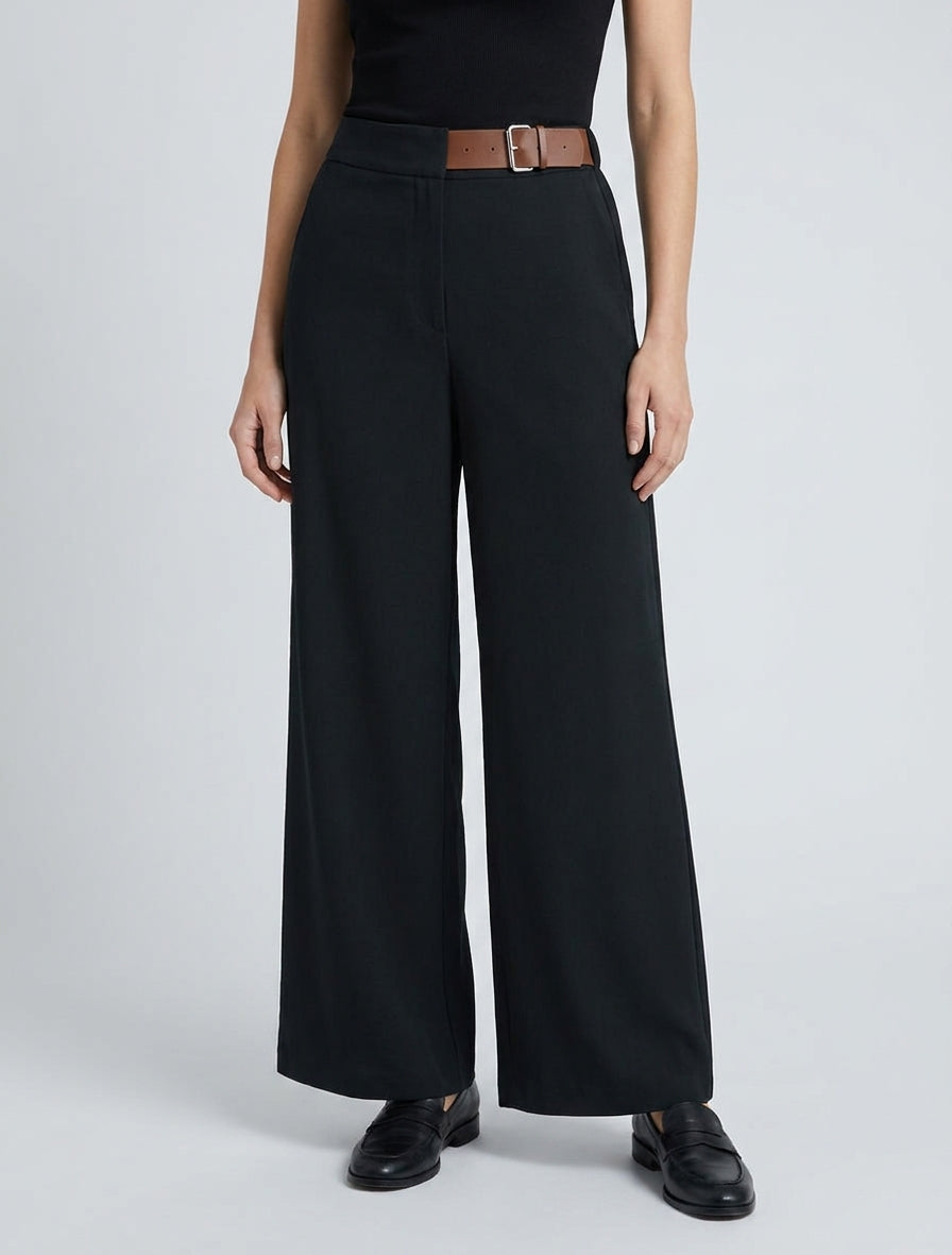 Weite Hose mit hoher Taille und dekorativem Gürtel - Schwarz