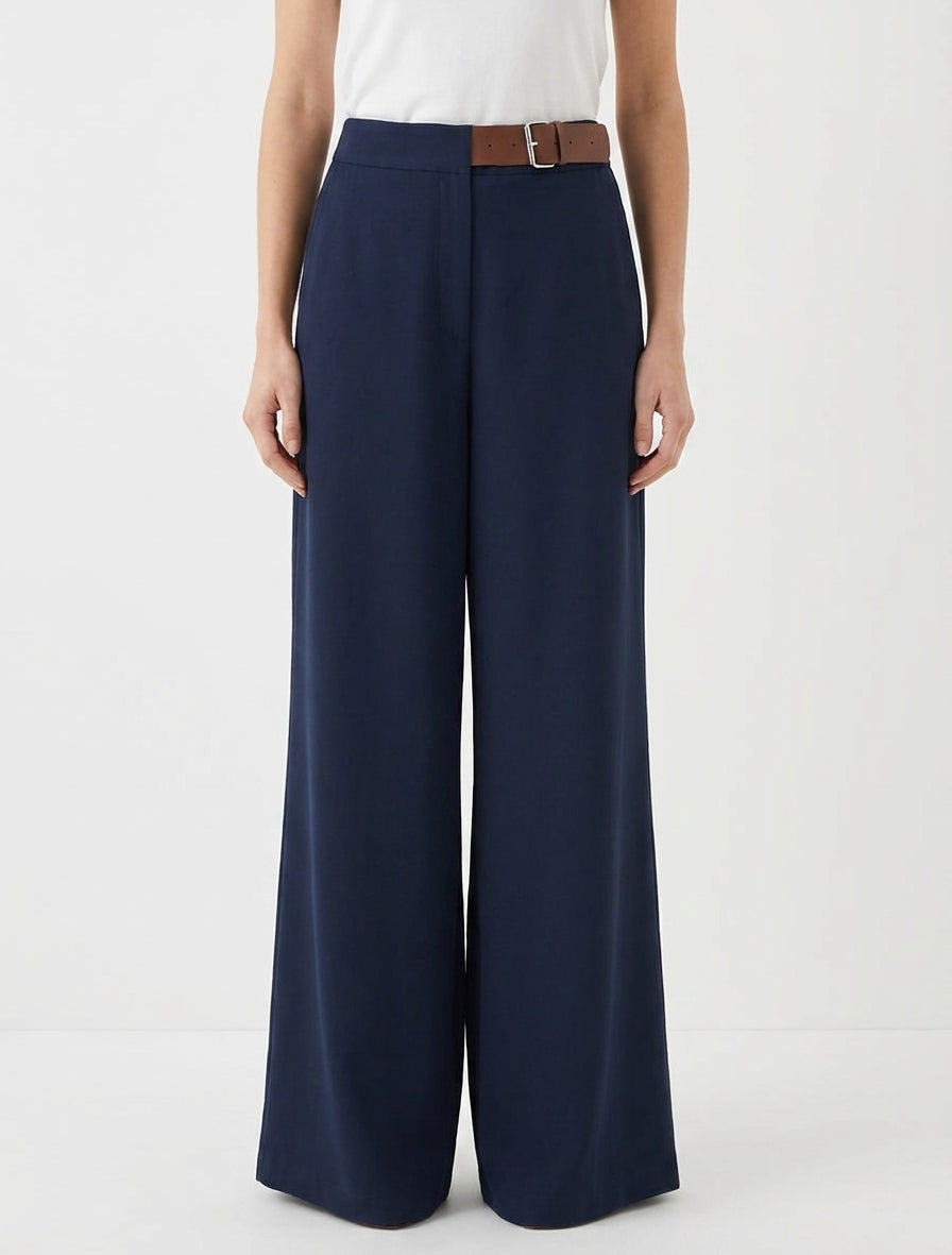 Weite Hose mit hoher Taille und dekorativem Gürtel - Marine