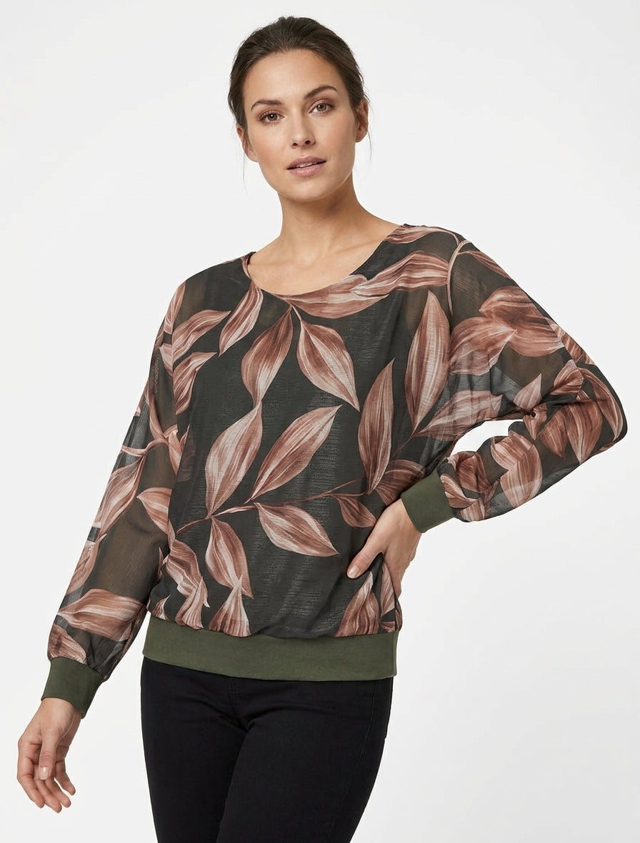 Bluse mit Blattmuster und schimmerndem Detail - Dunkles Khaki