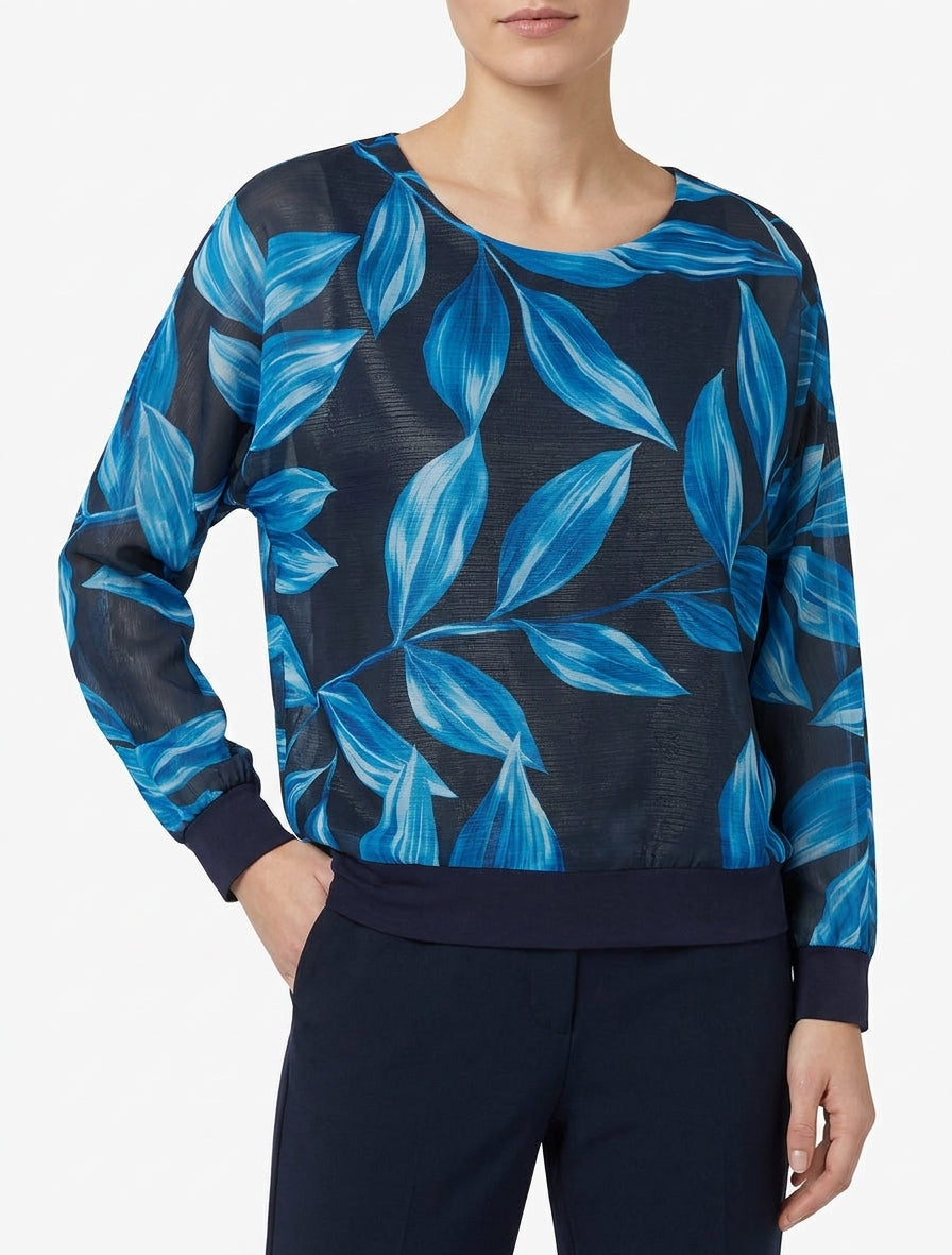 Bluse mit Blattmuster und schimmerndem Detail - Marine