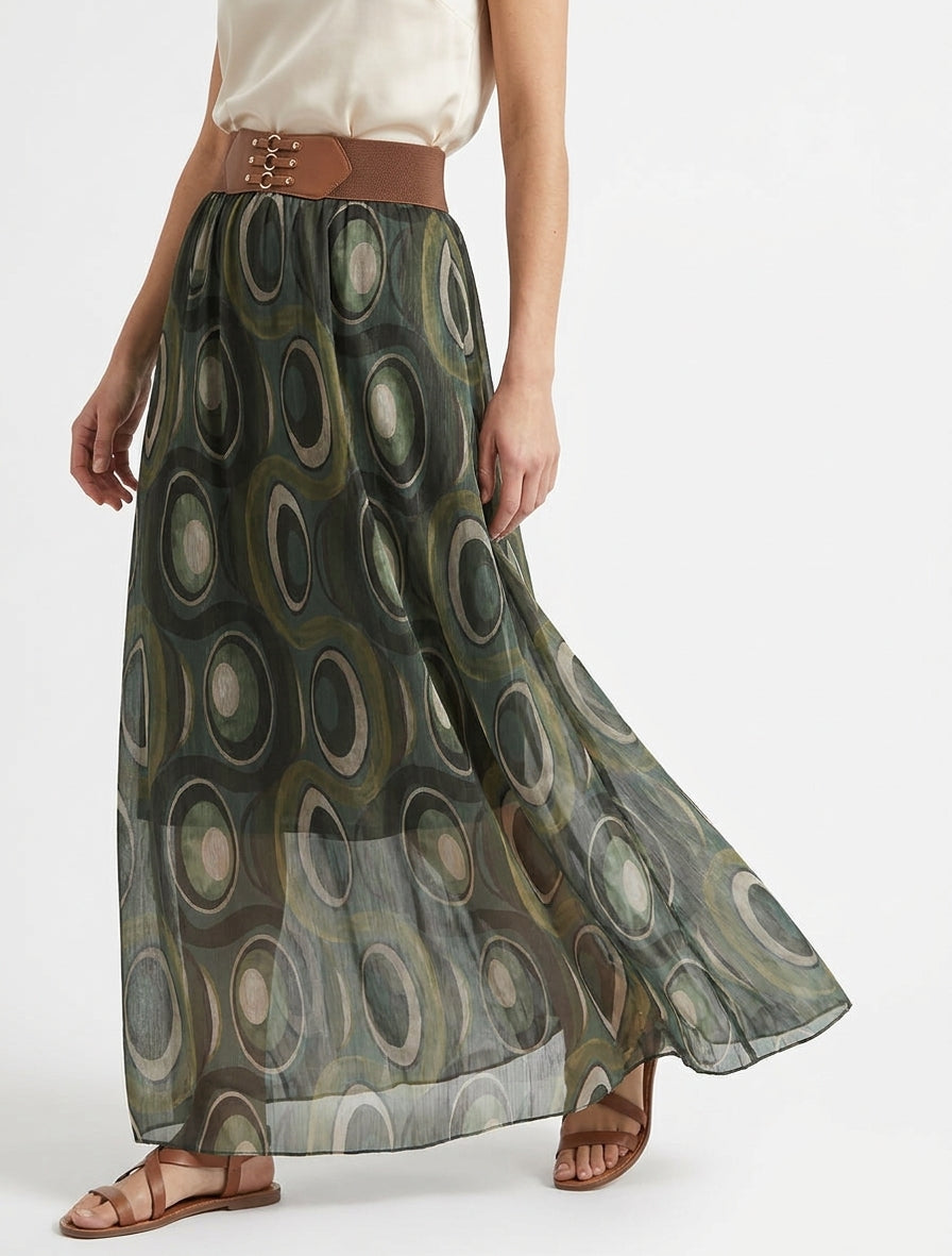 Langer Rock aus irisierendem Voile mit grafischem Druck - Kaki