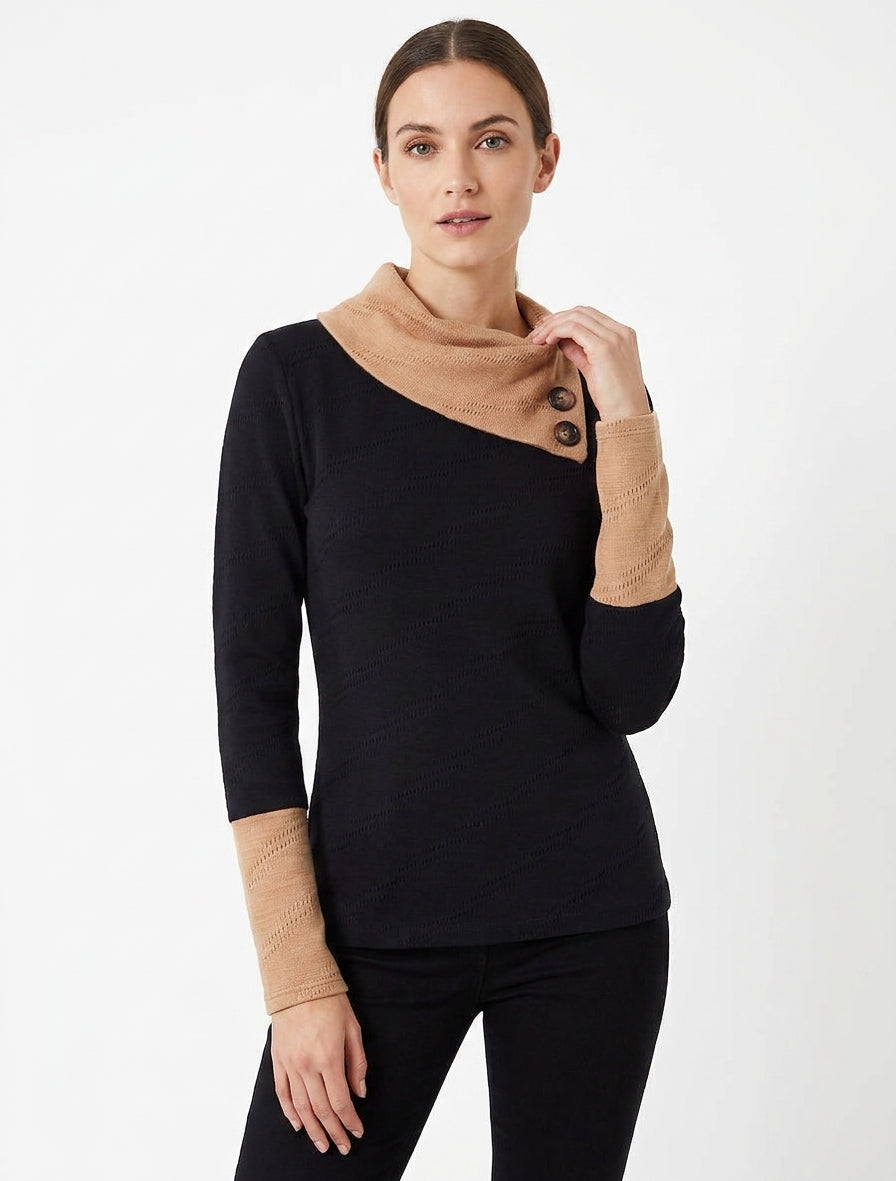 Texturierter Pullover mit Knopf-Fantasiekragen - Schwarz