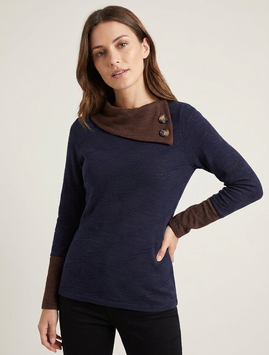 Texturierter Pullover mit Knopfkragen - Marine