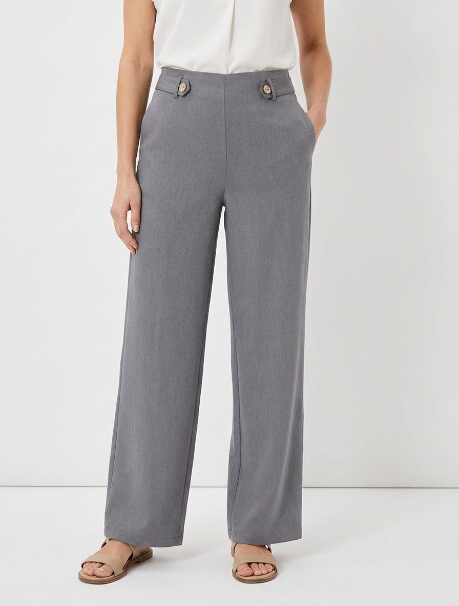 Weit geschnittene Hose mit hoher Taille und dekorativen Knöpfen - Grau