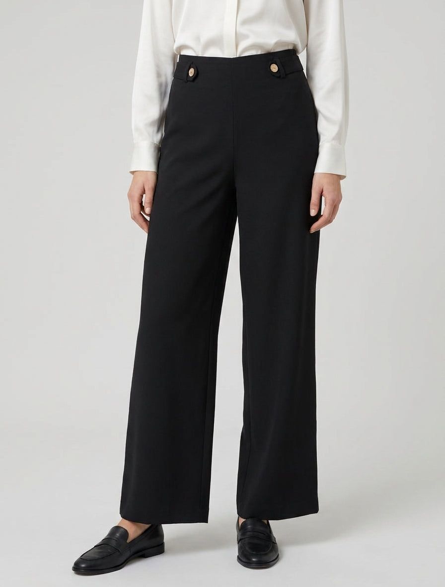 Weit geschnittene Hose mit hoher Taille und dekorativen Knöpfen - Schwarz