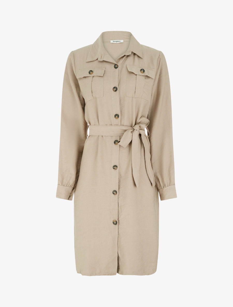 Robe chemise unie à nouer - Beige - 1