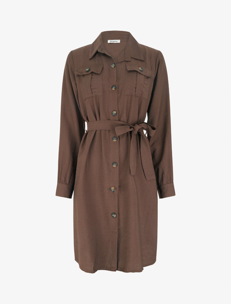 Robe chemise unie à nouer - Marron - 1