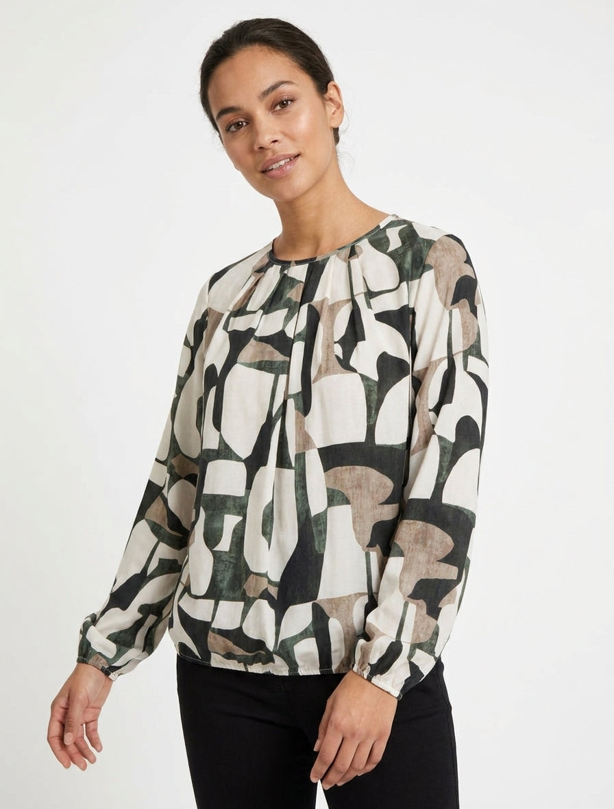 Retro bedruckte Bluse mit Rundhalsausschnitt - Kaki