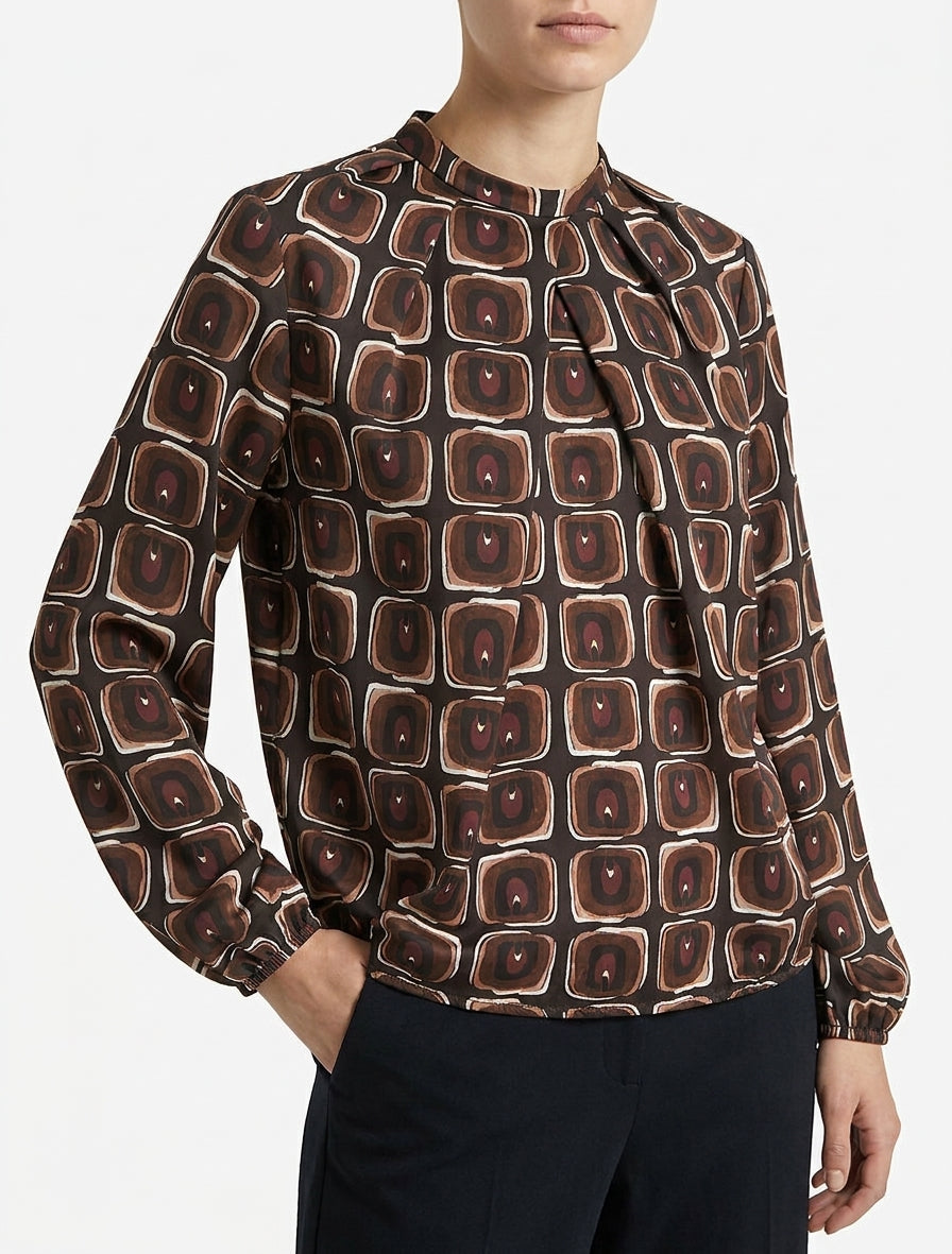 Satinierte Bluse mit Retro-Print - Schokolade
