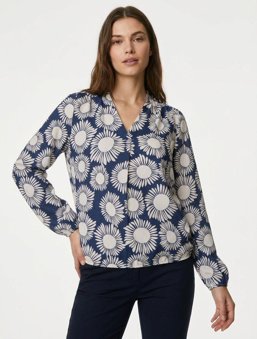 Bluse mit Blumenmuster und elastischen Bündchen. - Marine