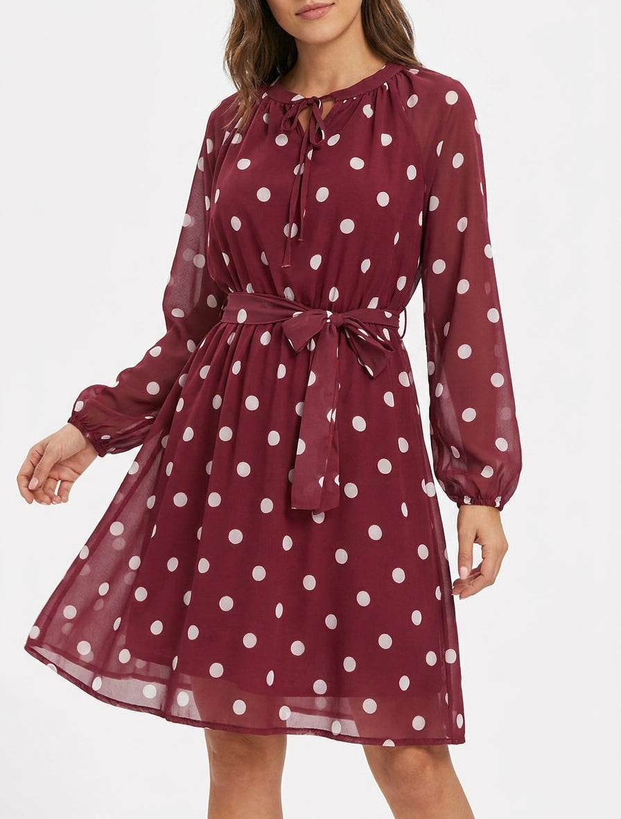 Ausgestelltes gepunktetes Kleid mit langen Ärmeln - Bordeaux