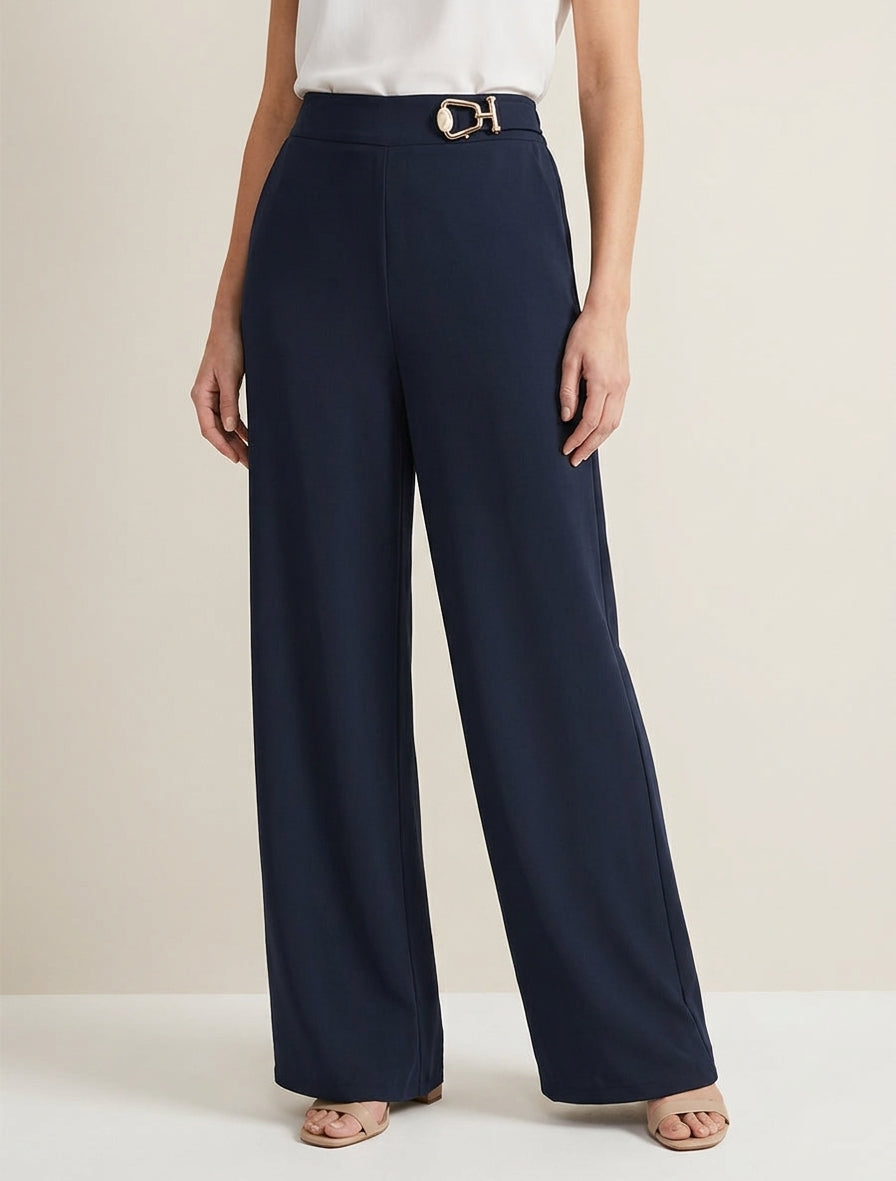 Weit geschnittene Hose mit hoher Taille und Schmuckverzierung. - Marine