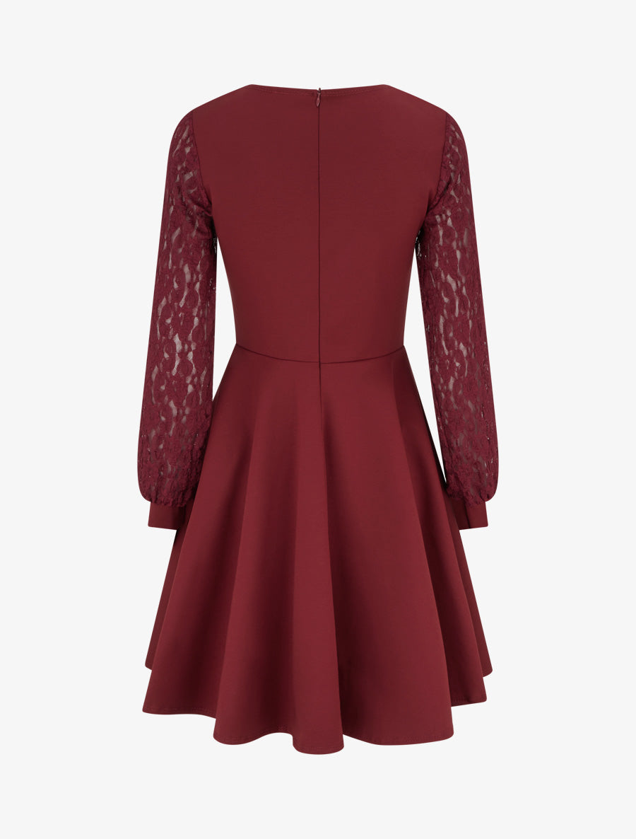 Robe patineuse à manches longues en dentelle - Bordeaux - 2