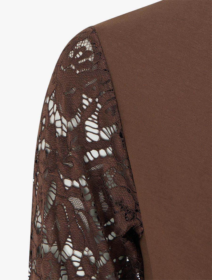 Robe portefeuille ajustée à manches en dentelle - Marron - 3