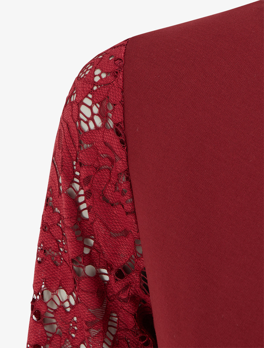 Robe portefeuille ajustée à manches en dentelle - Bordeaux - 3