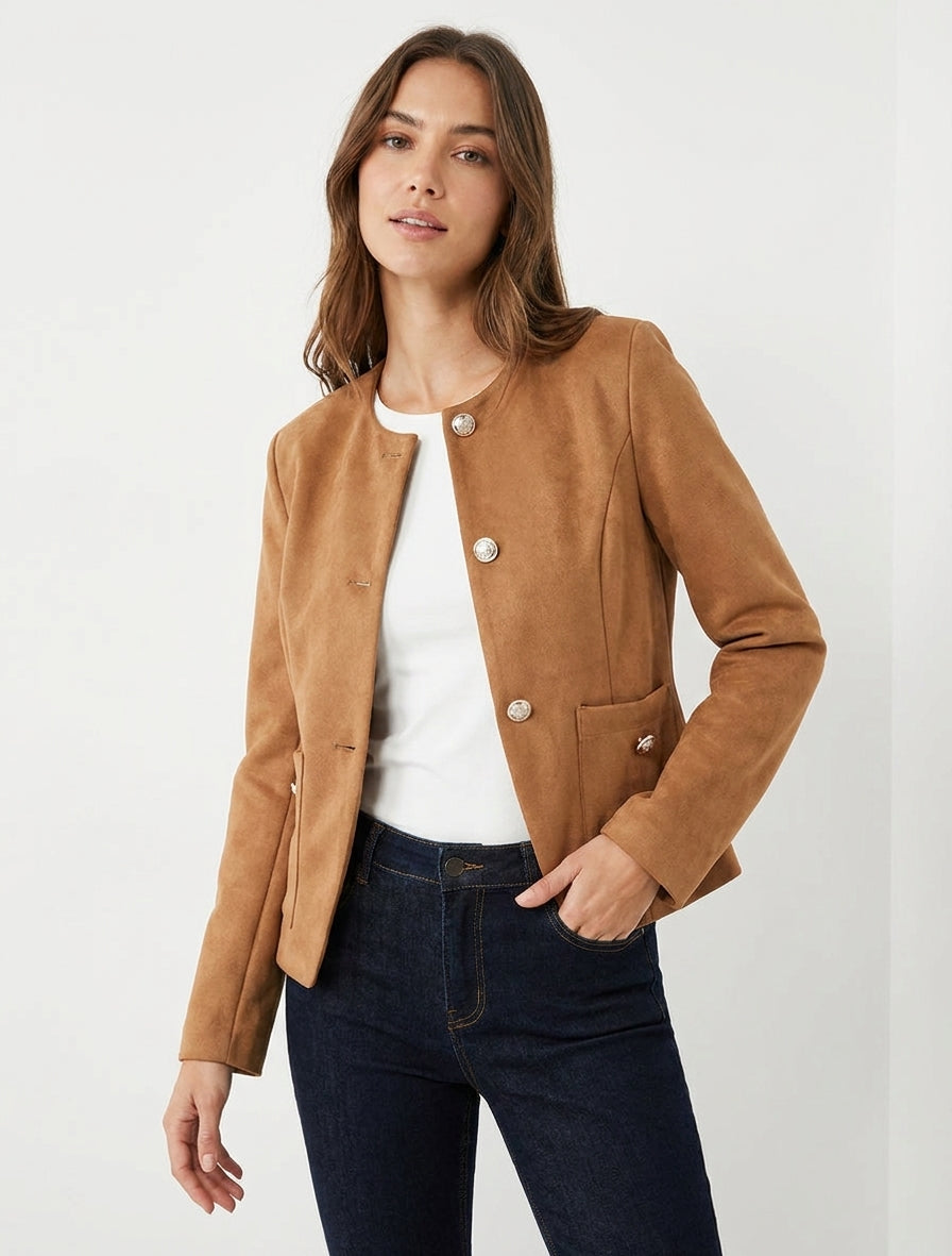 Jacke aus Wildlederimitat mit Knopfleiste und Rundhalsausschnitt - Kamel