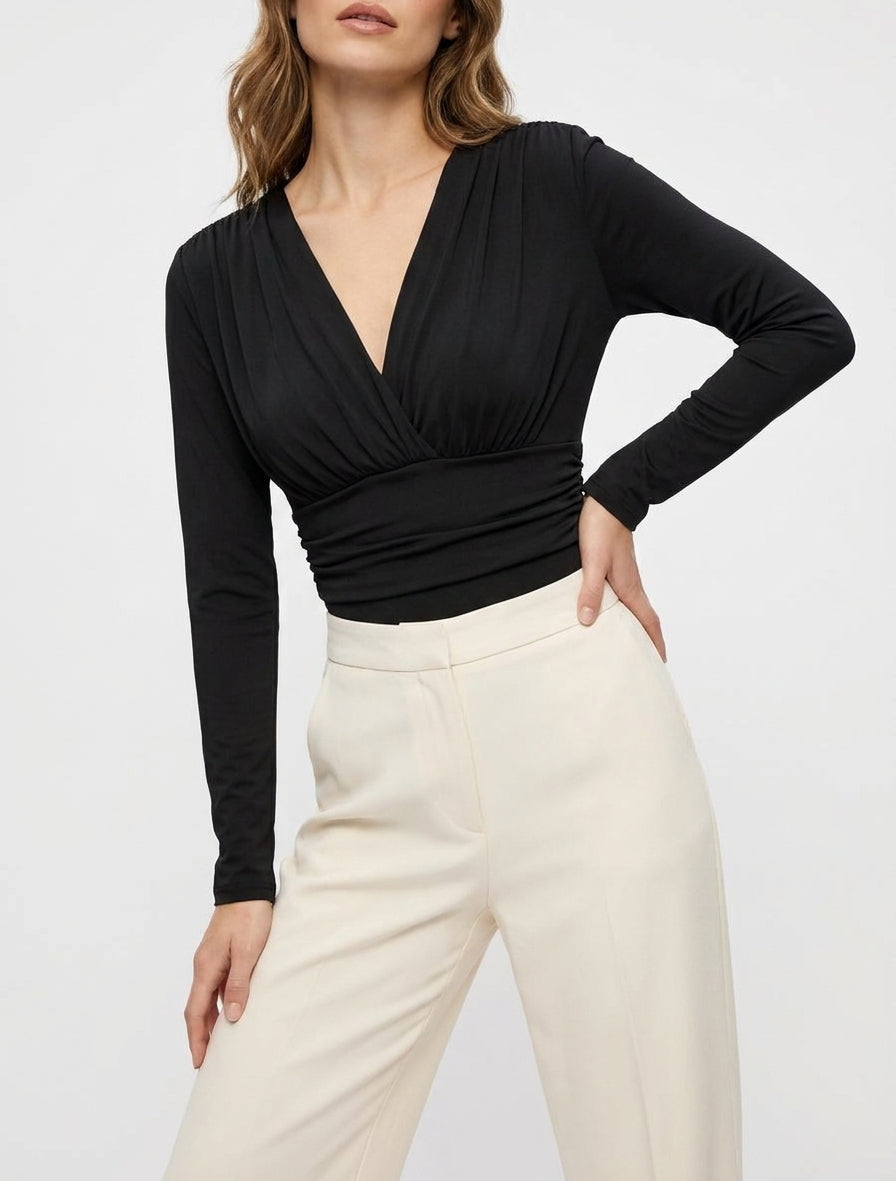 Langärmeliger Body mit plissierter Taille - Schwarz