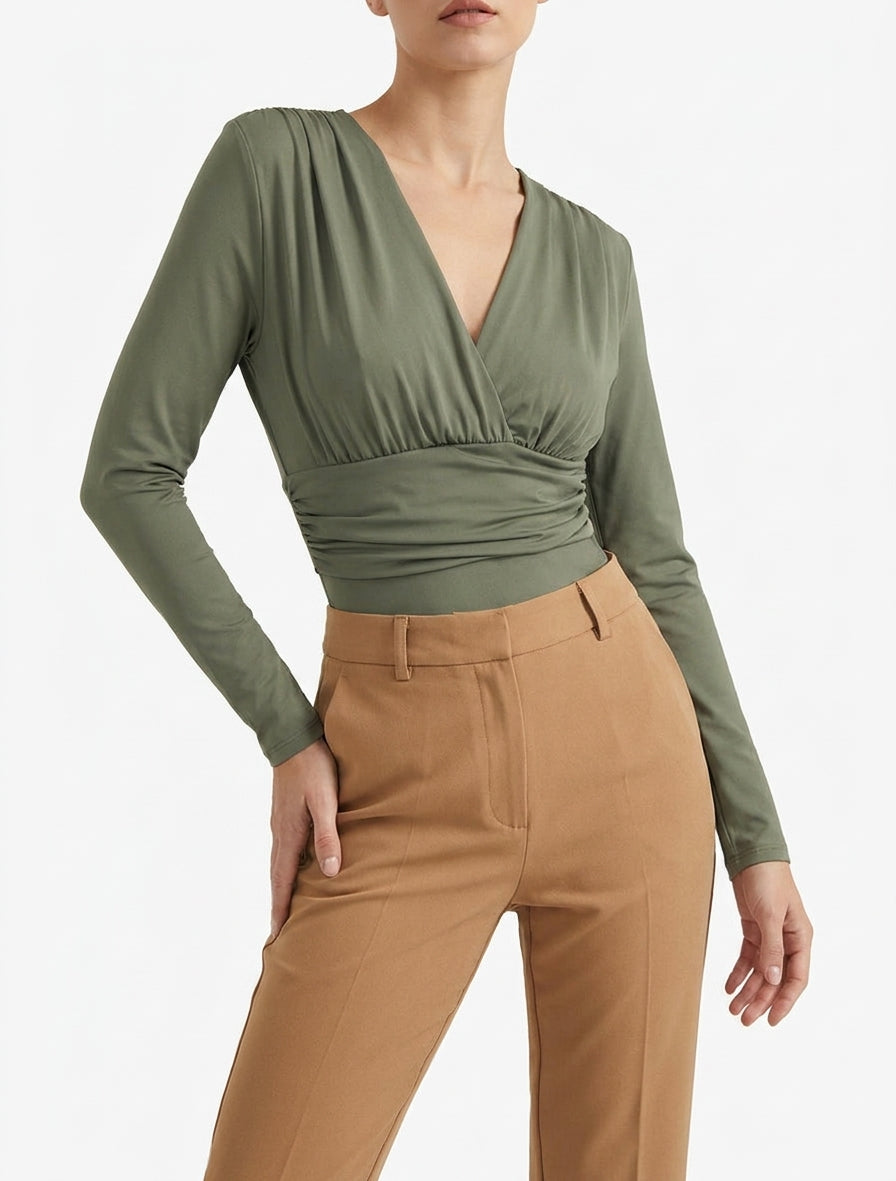 Langärmeliger Body mit plissierter Taille - Kaki