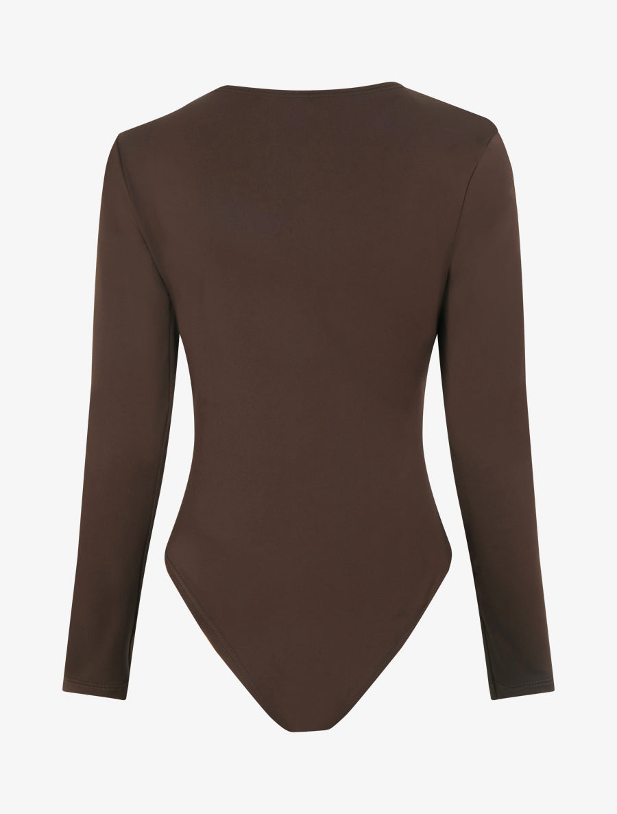 Body satiné à col asymétrique et bijou - Marron - 2