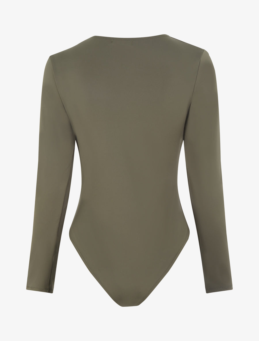 Body satiné à col asymétrique et bijou - Kaki - 2