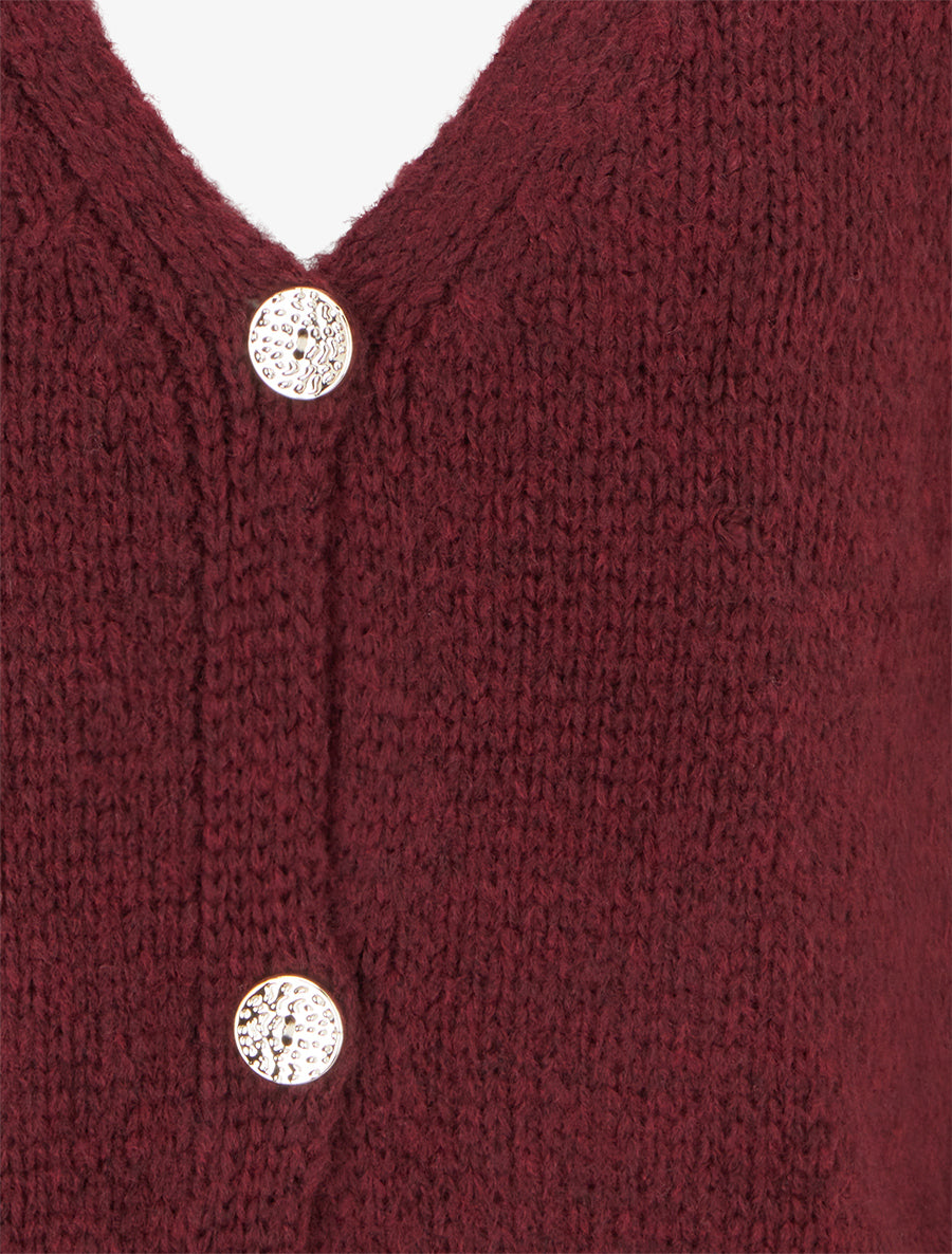 Gilet ample en maille épaisse à col V - Lie de vin - 3