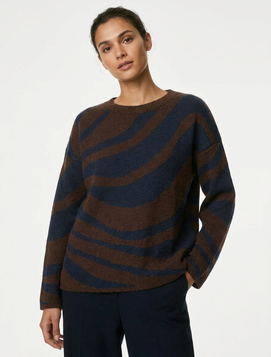 Quadratisch geschnittener Pullover mit Zebramuster - Marine