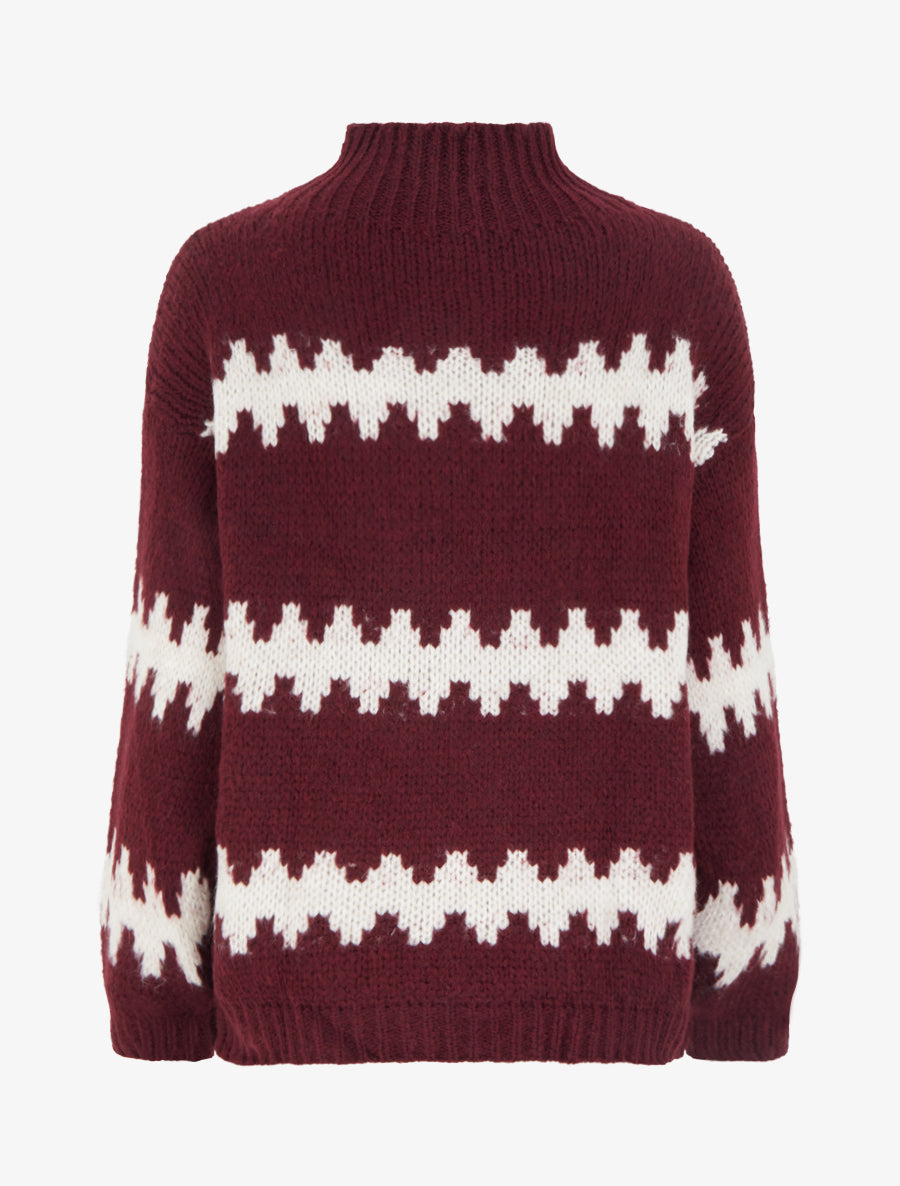 Pull ample à col montant et motif graphique - Lie de vin - 2