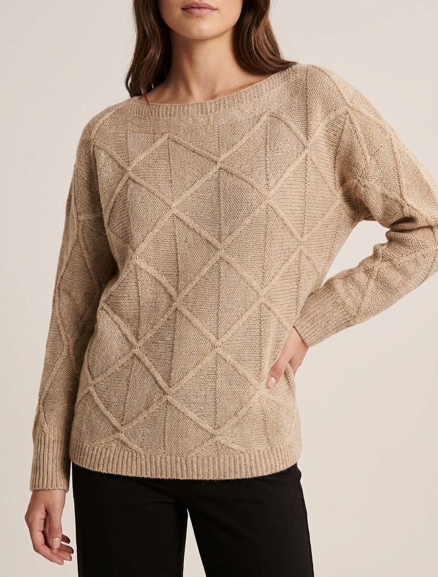 Pullover mit U-Boot-Ausschnitt aus Strick mit Karo-Effekt - Dunkelbeige