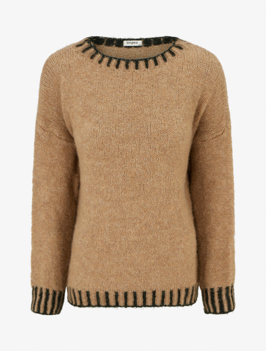 Pull en laine mélangée à bords contrastant - Camel - 1