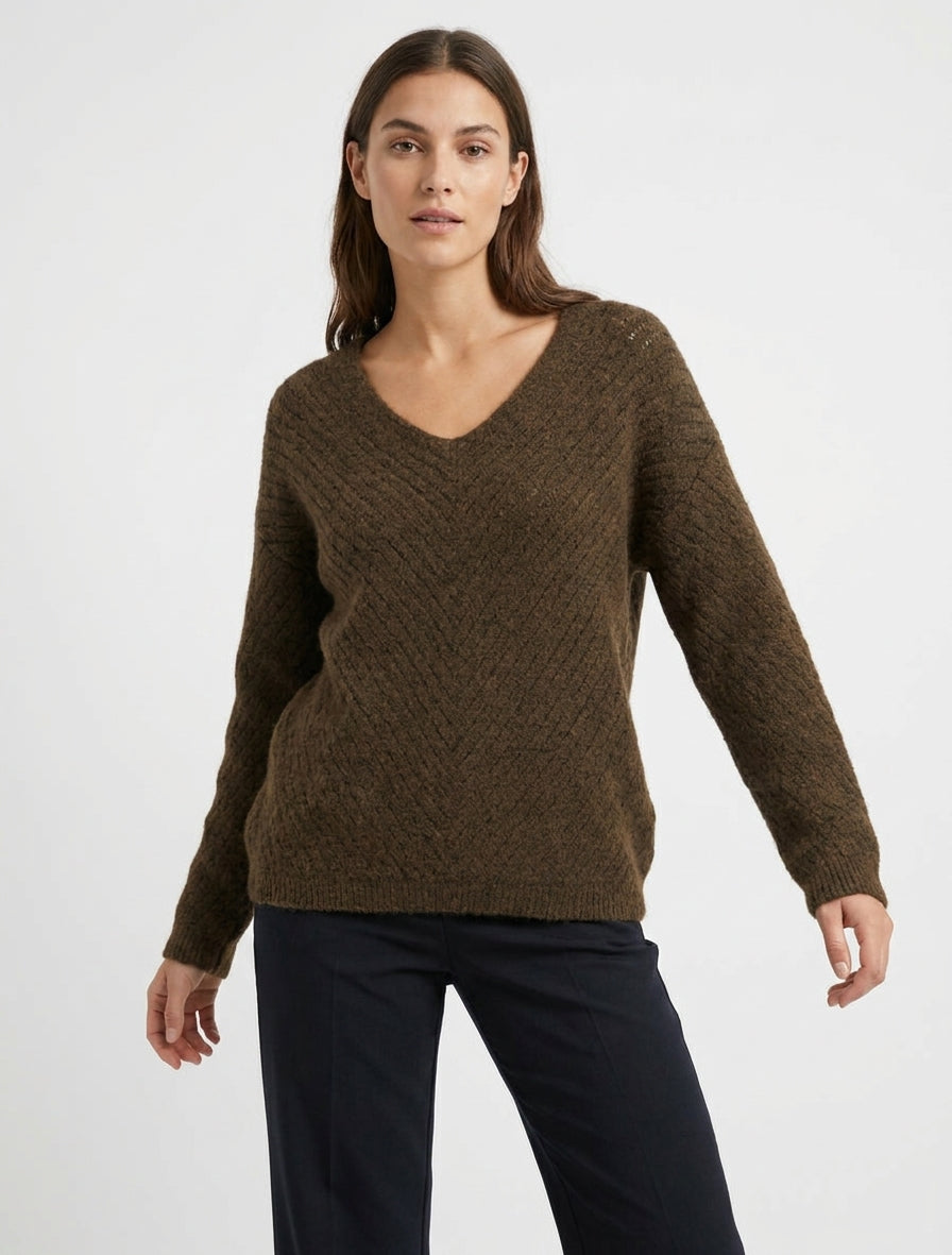 Weit geschnittener Pullover aus Wollmischung mit V-Ausschnitt - Braun