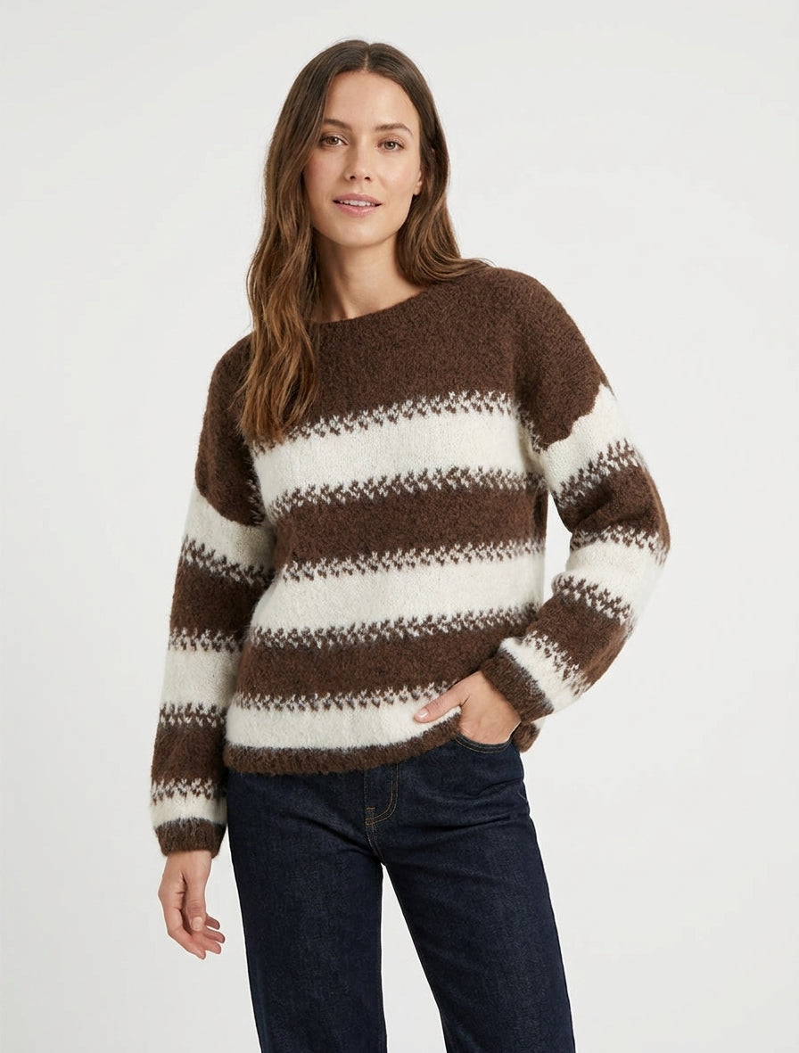 Weit geschnittener Pullover aus Wollmischung mit stilisierten Streifen - Braun