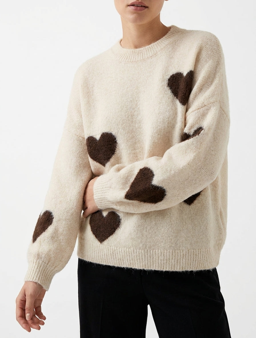 Pullover aus Wollmischung mit Herzmuster - Hellbeige