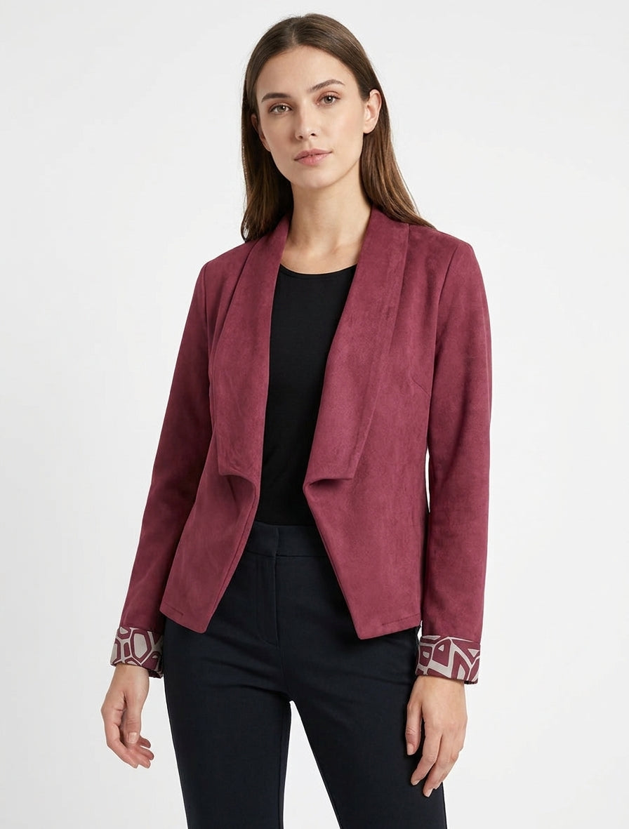 Wildlederjacke mit umgeschlagenen bedruckten Manschetten - Weinrot