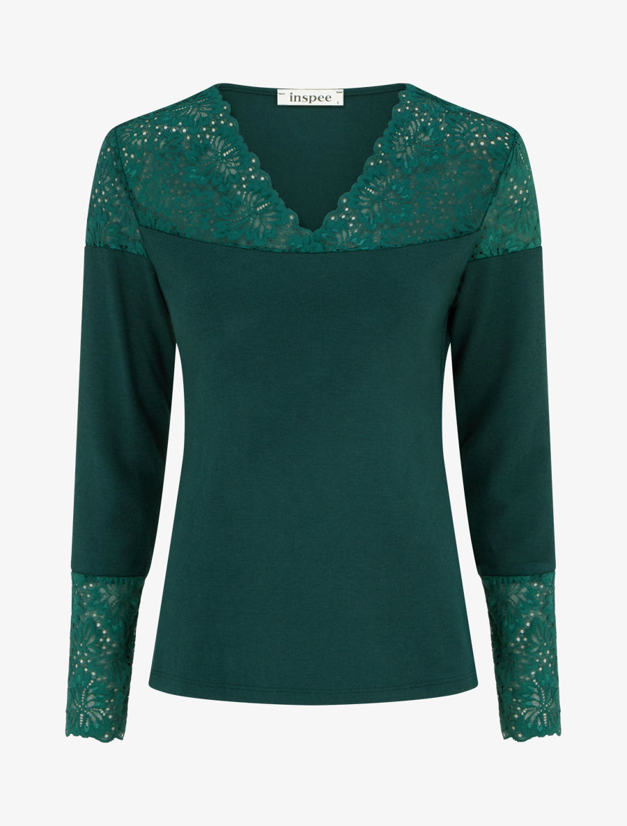 Pull fin à col V et poignets en dentelle - Vert foncé - 1