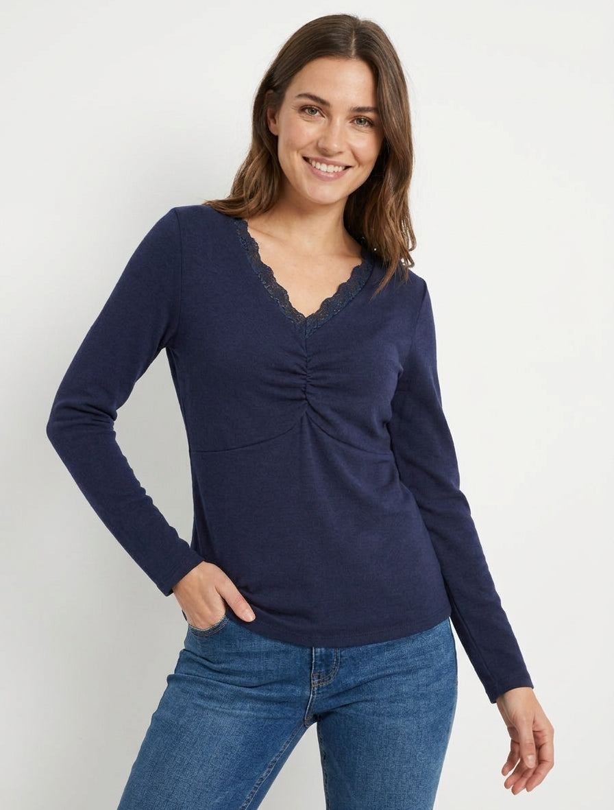 Feiner V-Ausschnitt-Pullover aus Spitze - Marine