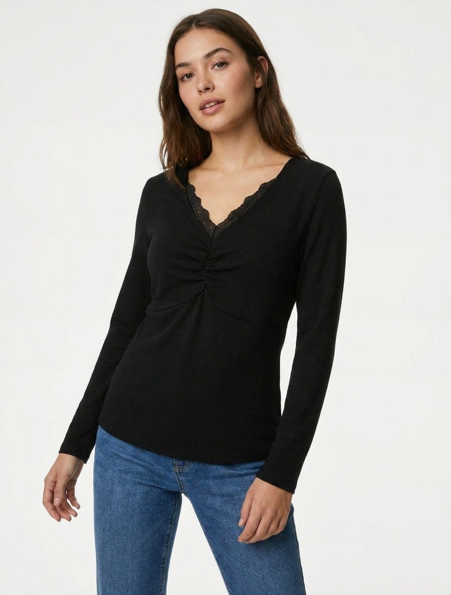 Feiner V-Ausschnitt-Pullover aus Spitze - Schwarz