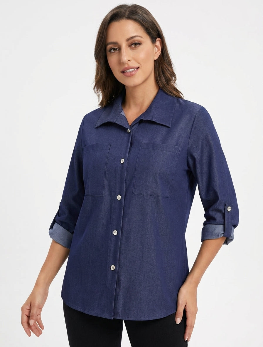 Basic gerade geschnittenes Hemd mit aufgesetzten Taschen - Denimblau