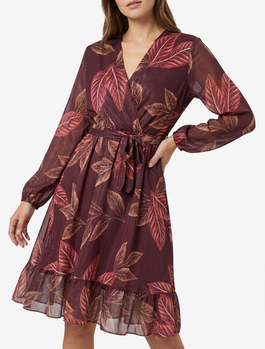 Irisierendes Kleid mit Blätterdruck und Rüschenkanten - Weinrot