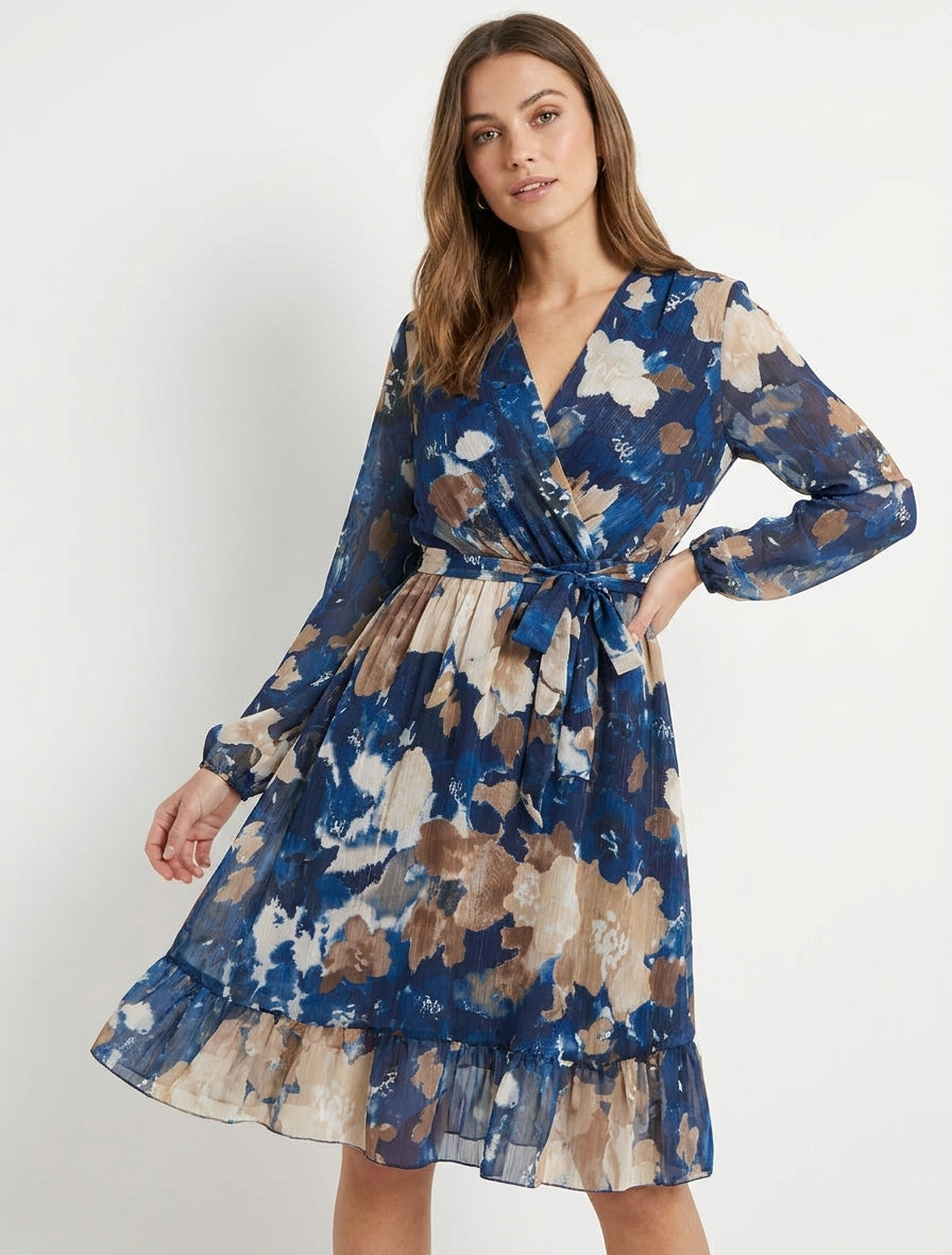 Irisierendes Kleid mit abstraktem Blumenmuster und Rüschenkanten - Marine